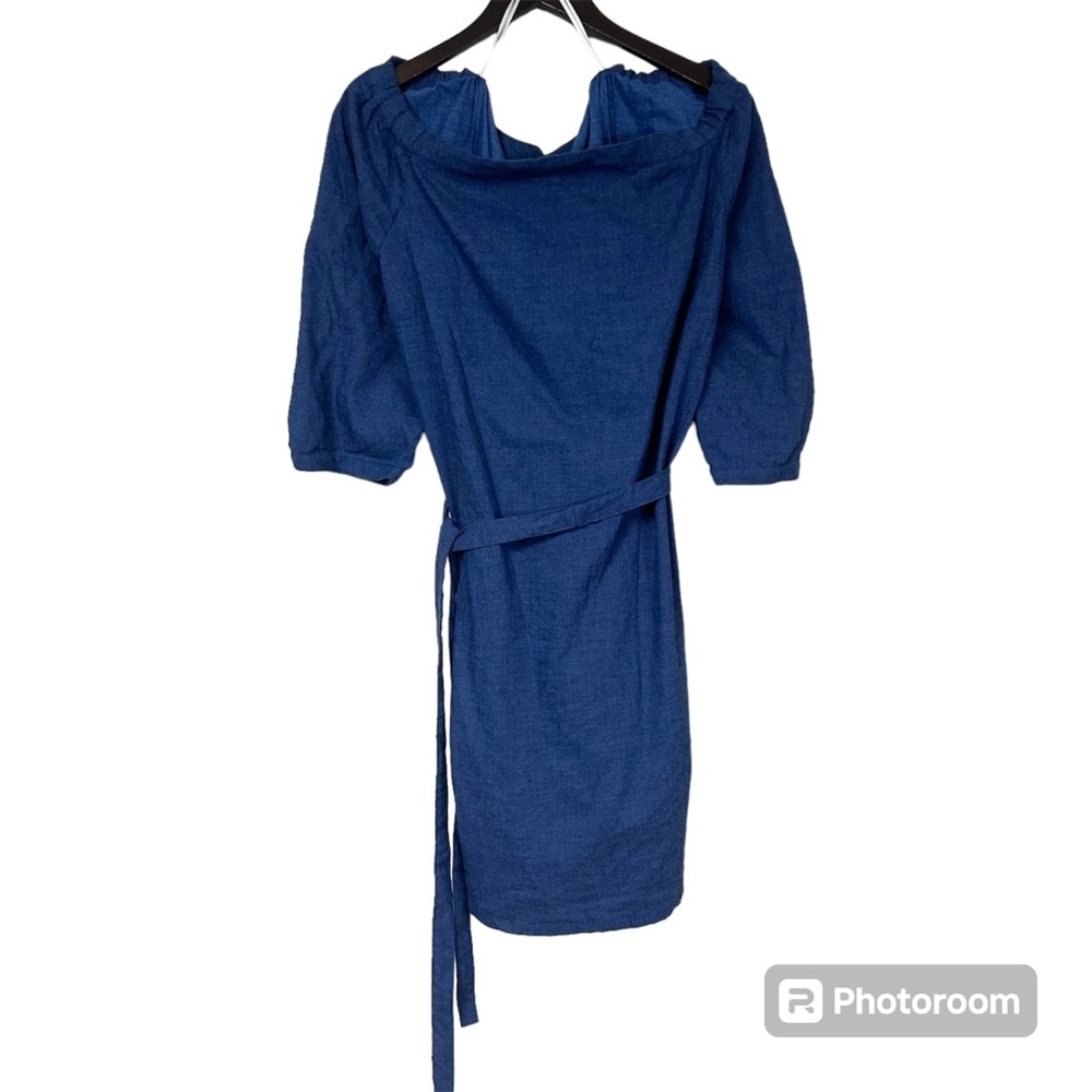 Ann Taylor blue off shoulder dress tie waist linen blend